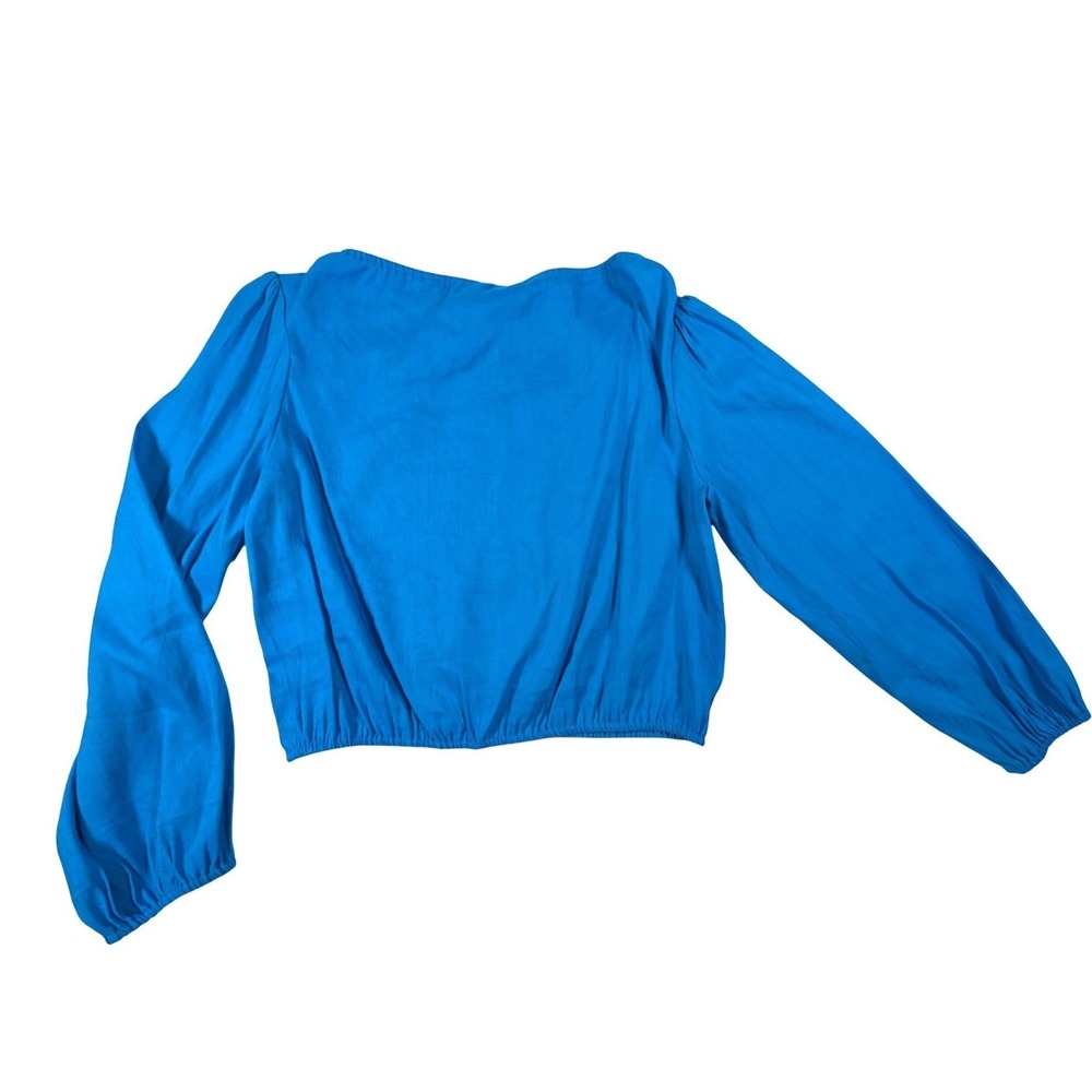 Gianni Bini Blue Linen Blend Puff Sleeve Cropped Tie Front Blouse NWT Medium - Picture 3 of 8